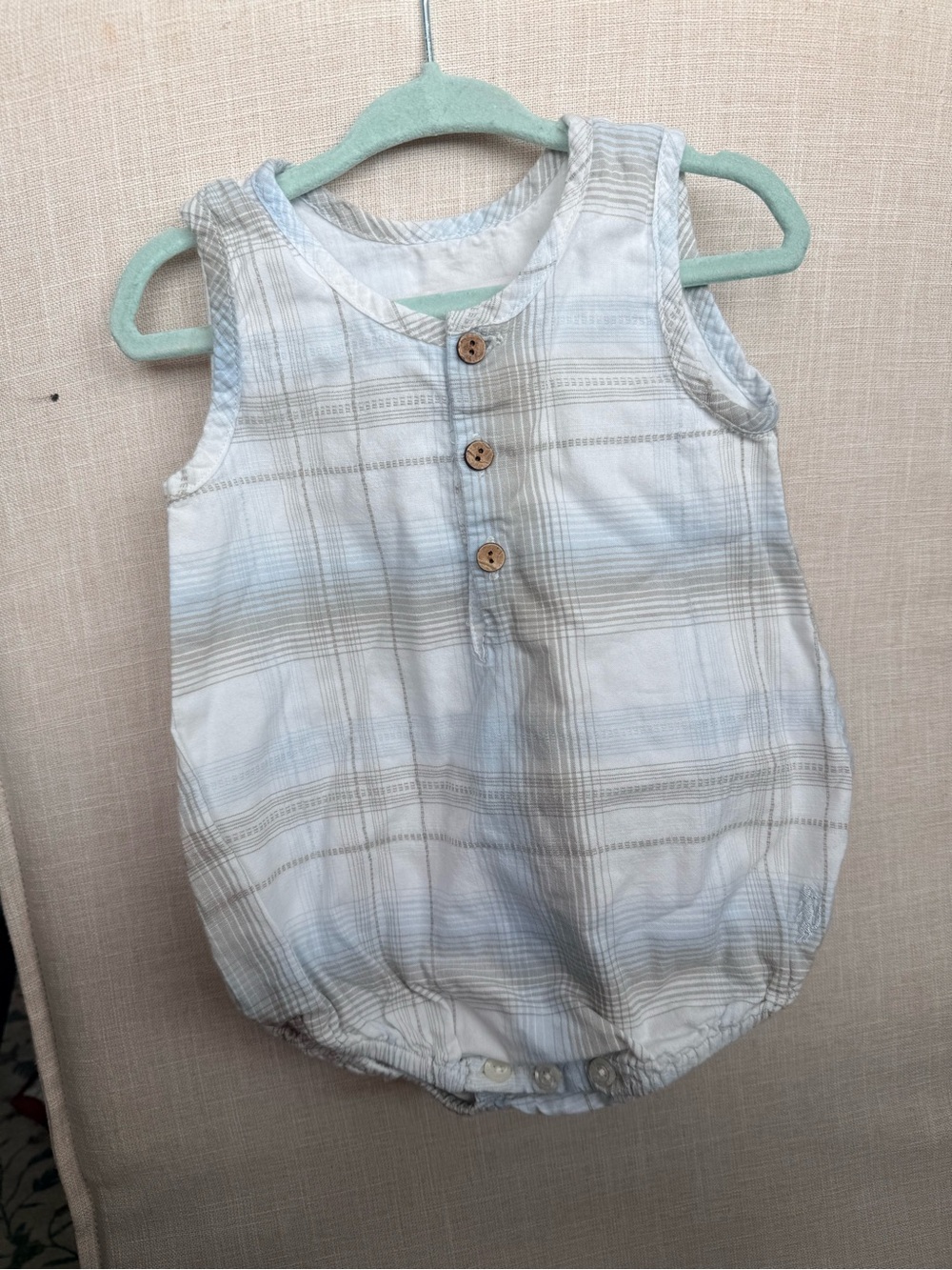 Well Dressed Wolf Light Blue and Cream Plaid Sleeveless Boys Romper